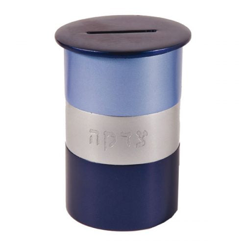 Round Tzedakah Box - Metal -TZA-2 Blue